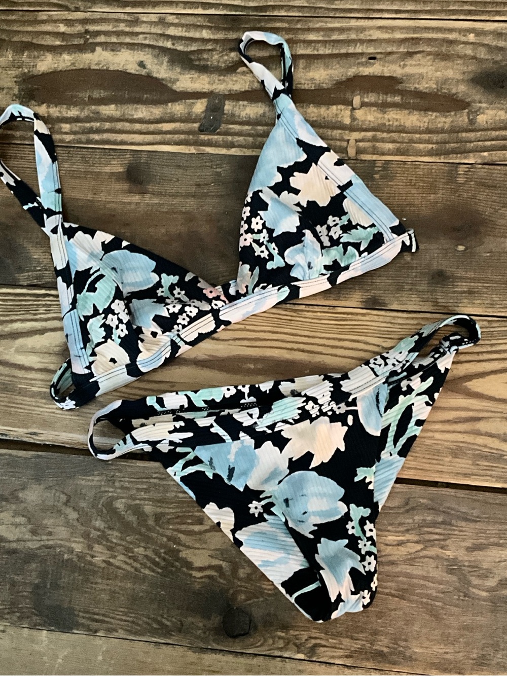 RVCA Black Bikini Set with Light Blue and White Floral Print